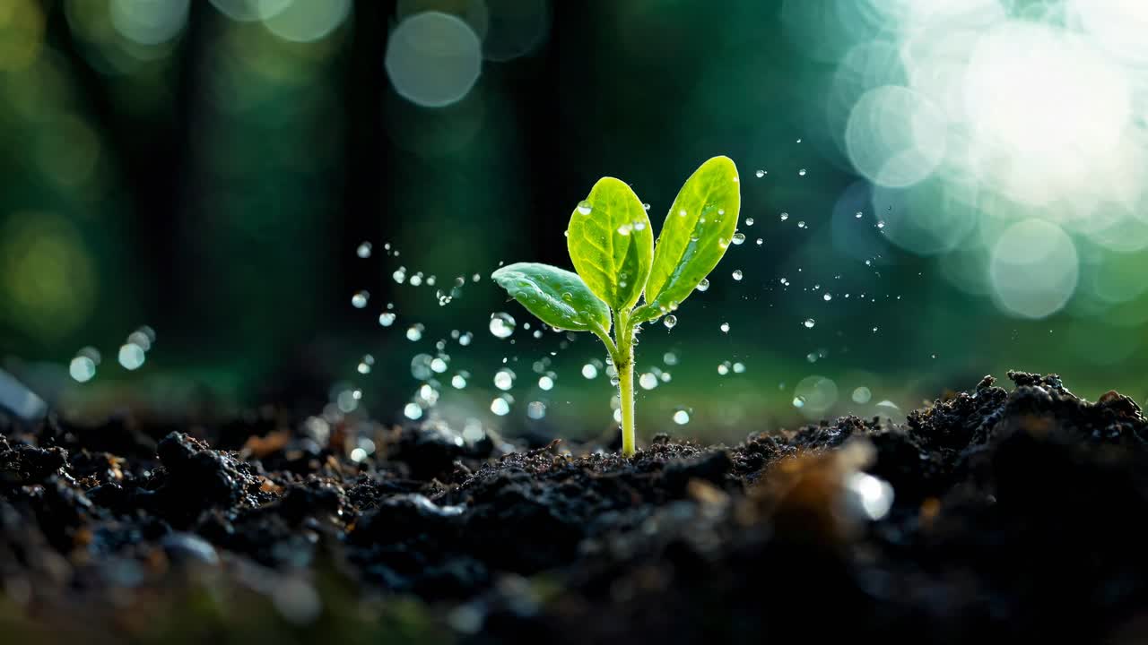 The video captures a time-lapse of a seedling growing in rich soil, highlighting nature's beauty
