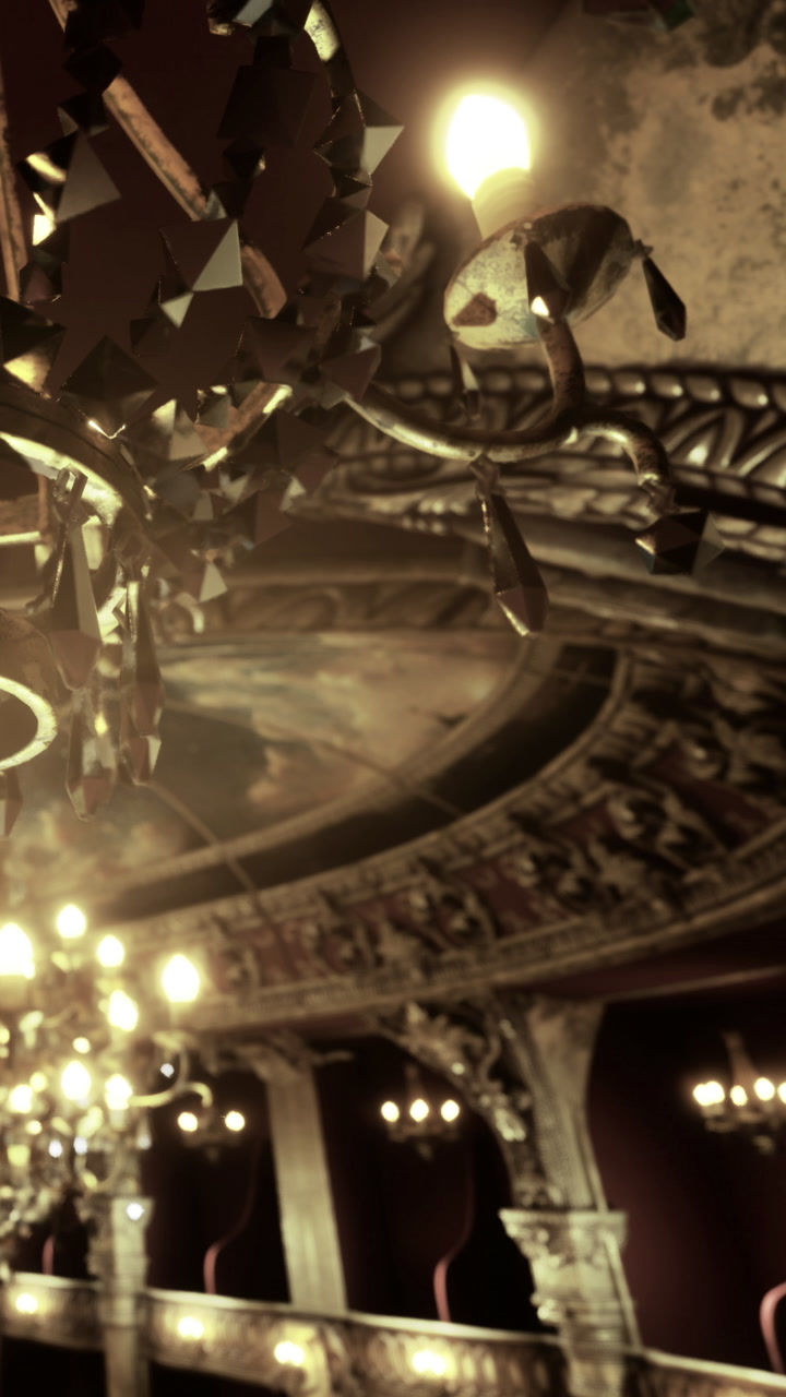 Old theater interior with ornate chandelier and vintage decorations