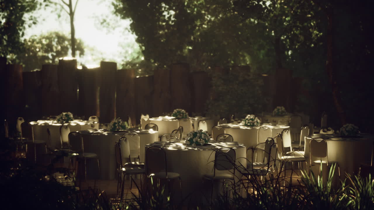 Elegant outdoor dining setup in a forested area during golden hour