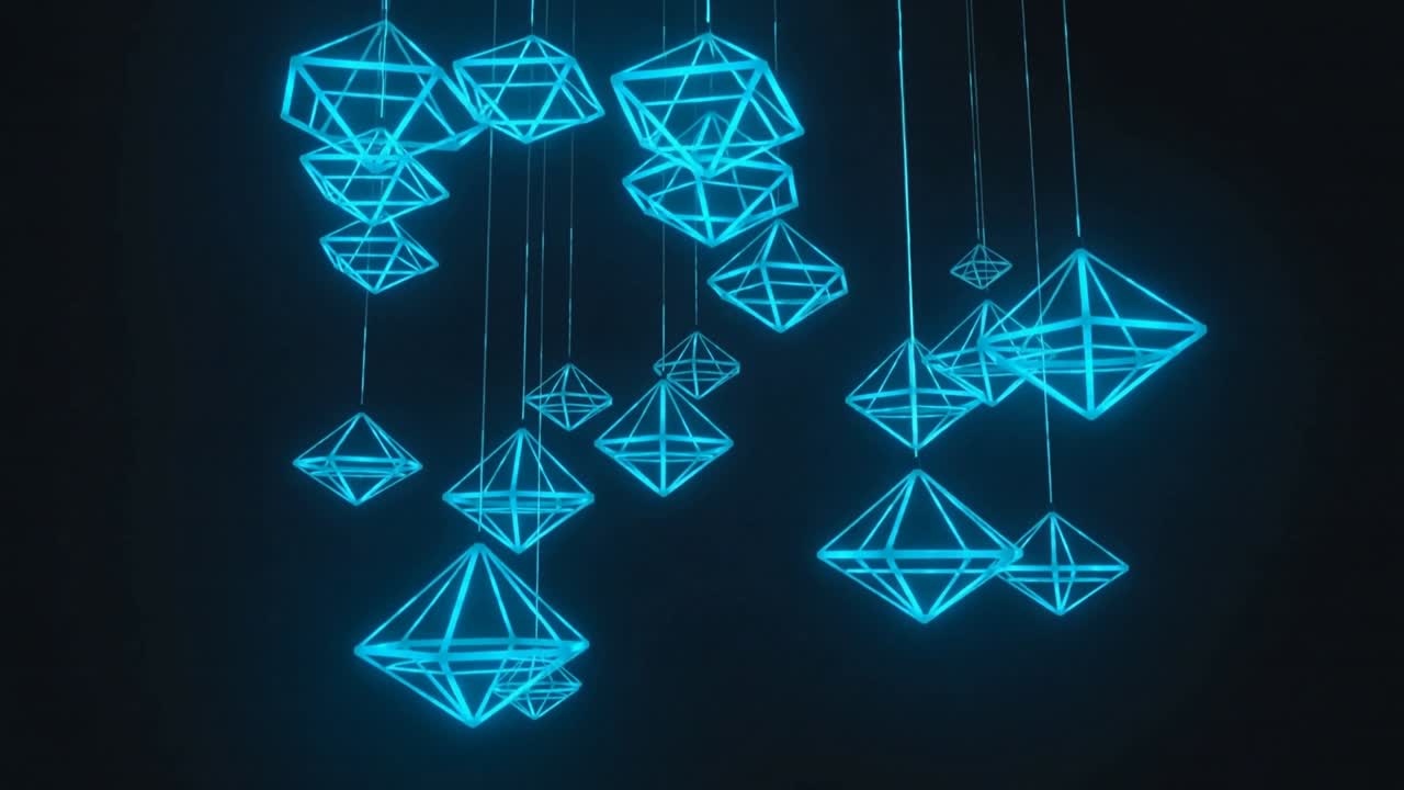 Roterende neon cyan trådramme-pendelklase i et loop, der spreder sig udad på en mørk scene med ledninger.