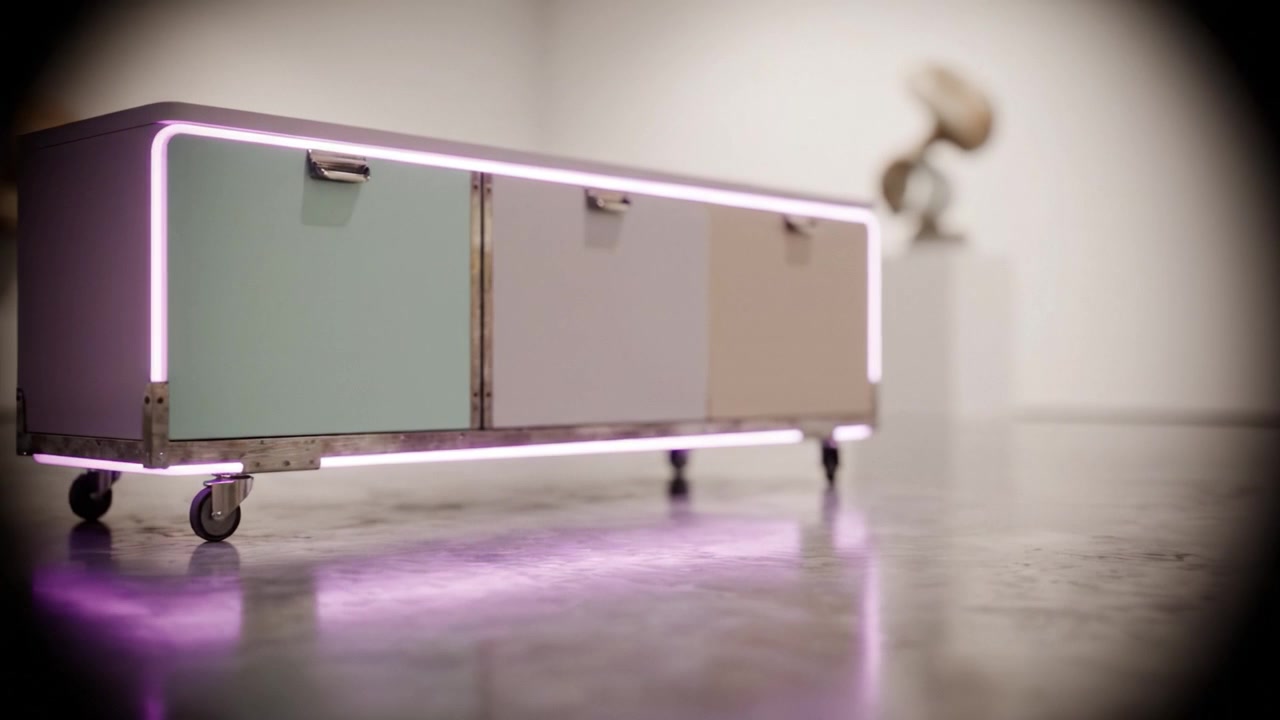 Stilig moderne møbelutstilling: Et levende, moderne skap med neonaksenter utstilt i et kunstgalleri, som fremhever dets unike designfunksjoner.