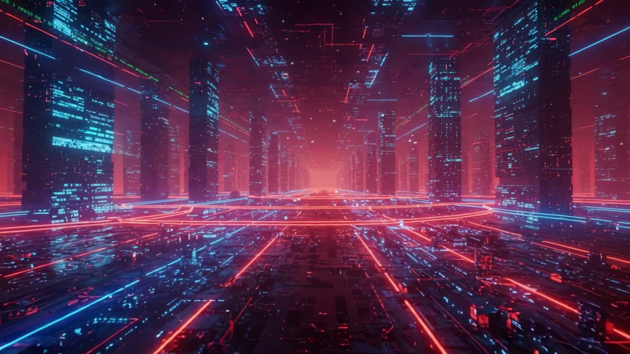 A Futuristic Urban Landscape Featuring Neon-Lit Skyscrapers and Dynamic Visuals in Vibrant Red and Blue Tones, Capturing a Sci-Fi Inspired Cityscape at Dusk