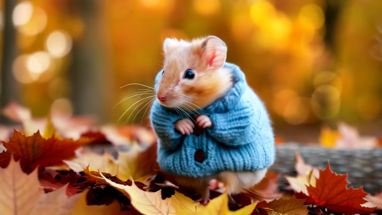 Un criceto che indossa un maglione blu, seduto su un tronco tra le foglie.