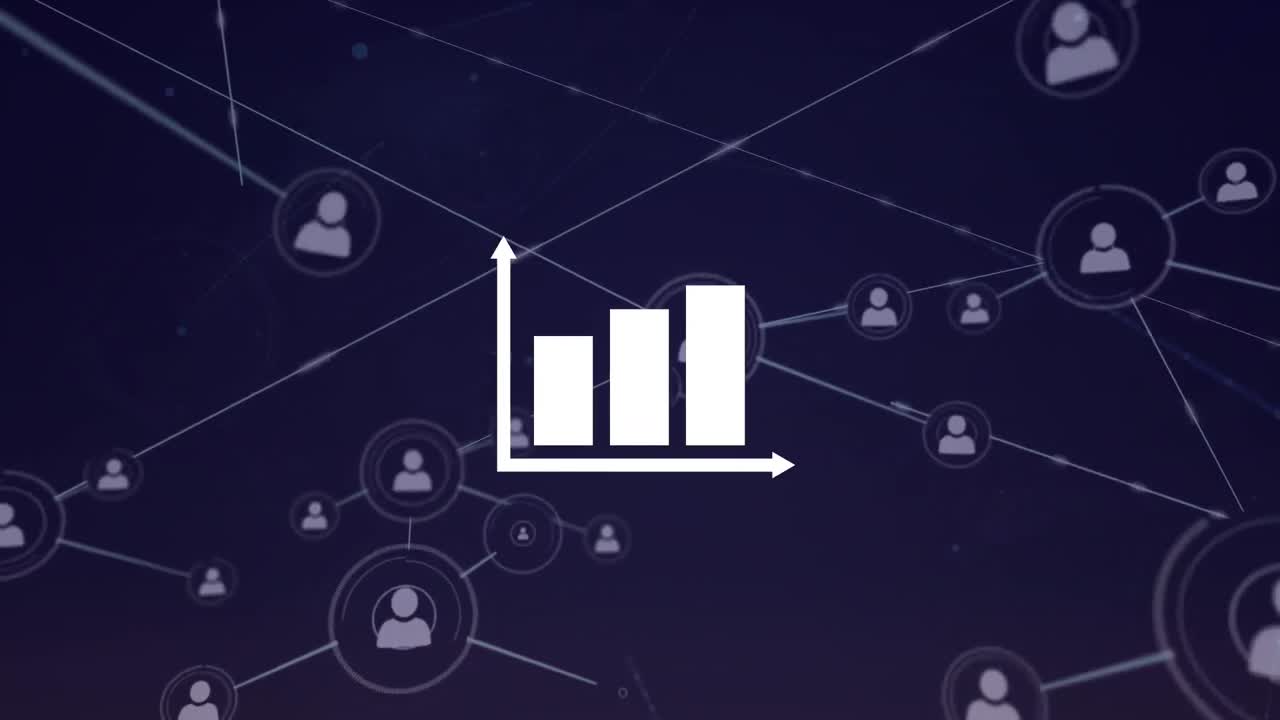 Animation of bar graph icon over network of profile icons against blue background