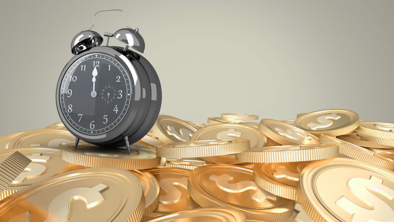 animación digital del reloj despertador y monedas doradas de un dólar y un centavo contra un fondo gris
