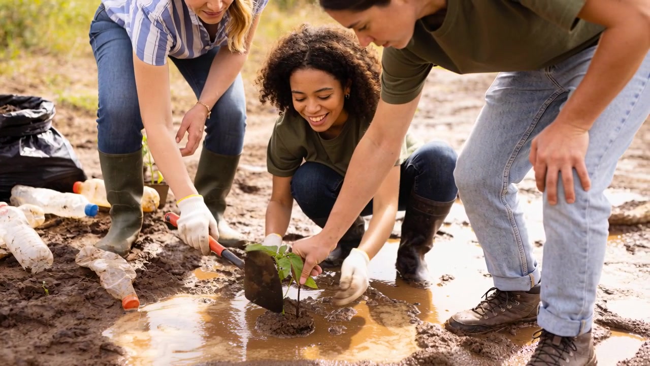 Planting woman in green tee with trowel placing sapling into rain-soaked hole in field amid trash