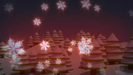 animación de copos de nieve 3d moviéndose contra árboles de navidad cubiertos de nieve