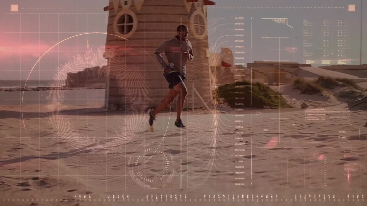 Animation of digital screen and data processing over fit man running by seaside