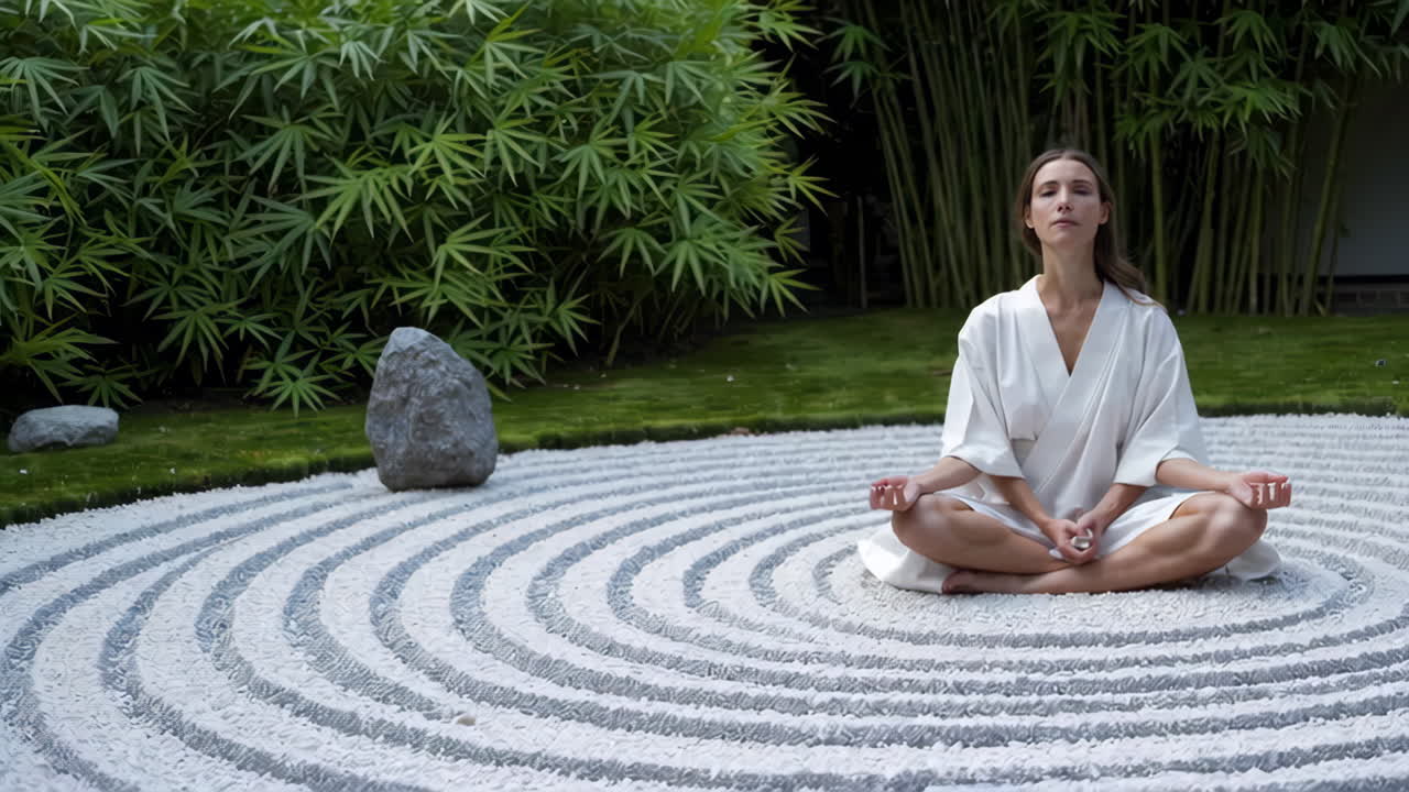 Woman Meditating in a Zen Garden