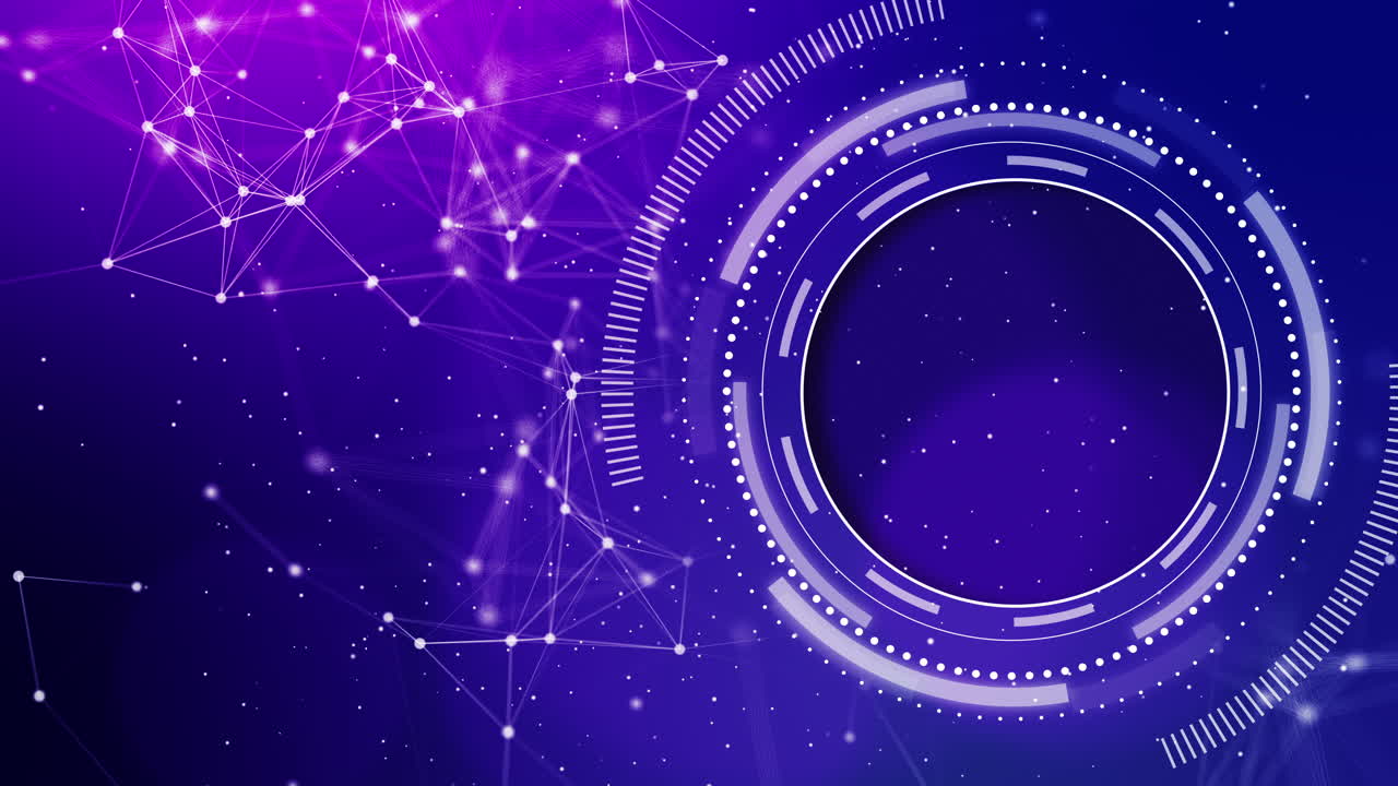 Animated circle HUD interface on blue background with plexus dots and lines. Futuristic technological looped element. Copy space.