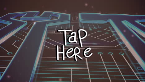 animación de toque aquí texto sobre placa de circuito de computadora e iconos en fondo negro