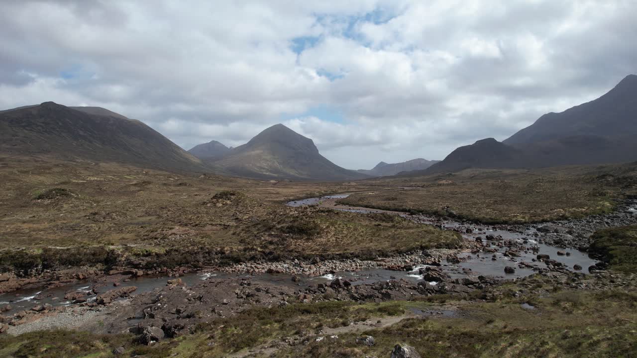 Scenic aerial view of Sligachan Valley and Scottish highlands on isle of Skye