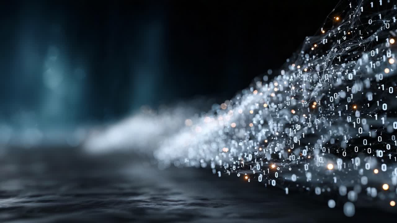 Un'Esplorazione Visiva delle Onde Binarie: Paesaggio Digitale Surreale con Schemi di Dati Scintillanti su uno Sfondo Scuro