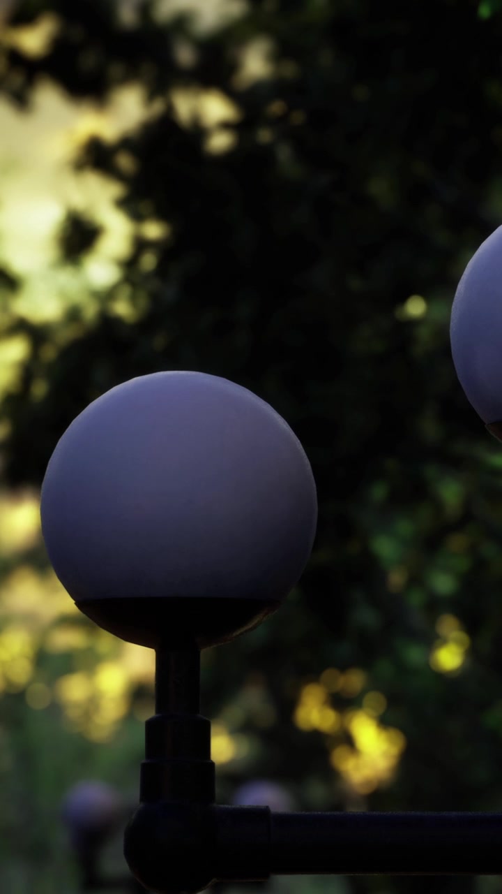 Lights near a park pathway with trees in the background at dusk