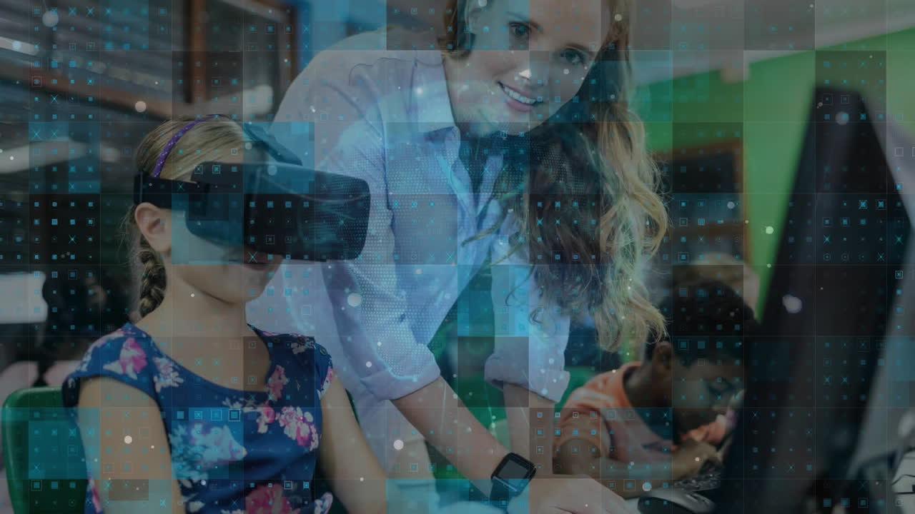 Animation of spots and globe over caucasian female teacher with diverse schoolchildren