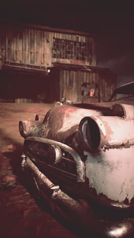 rusty old car in front of abandoned building