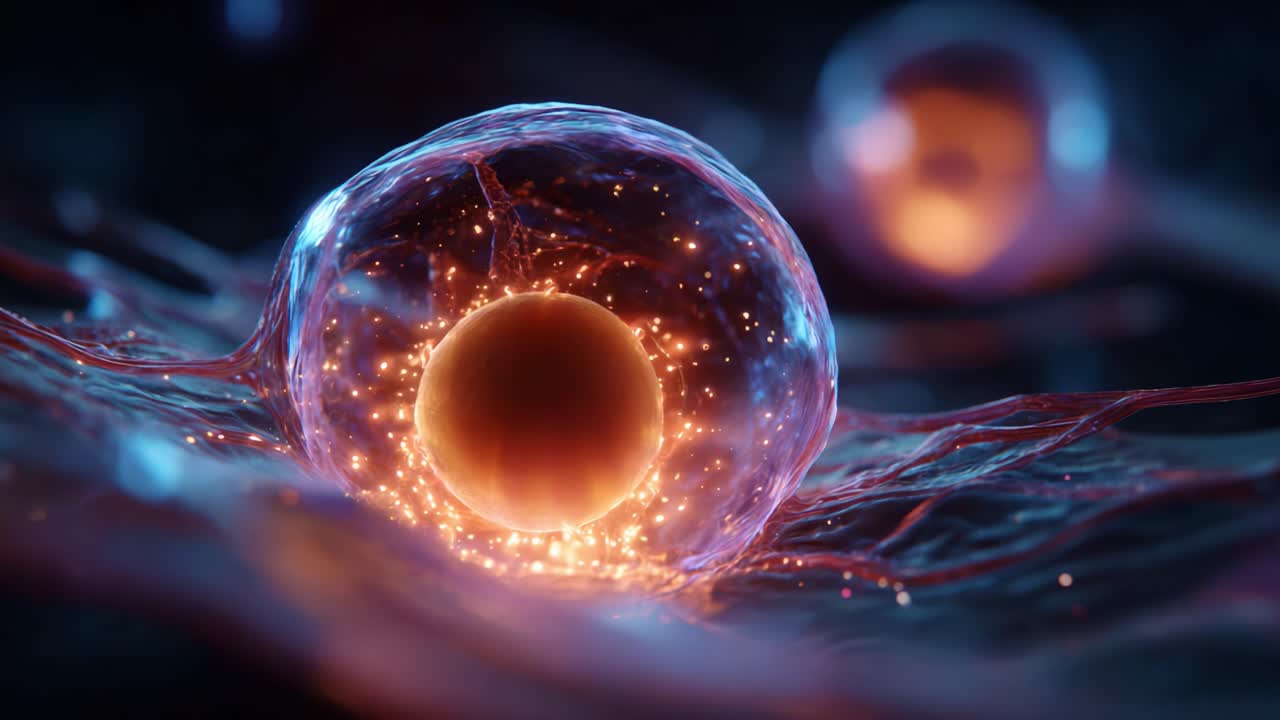 De complexiteit van cellulaire structuren verkennen: levendige microscopische beelden tonen microscopische cellen te midden van etherische achtergronden die wetenschap en kunst combineren