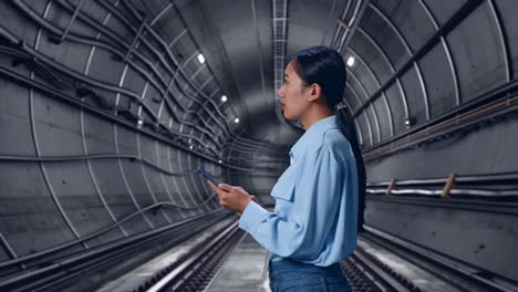 side view of asian female in underground subway tunnel, observes by looking up then she come to concentrating on the phone and keep on checking