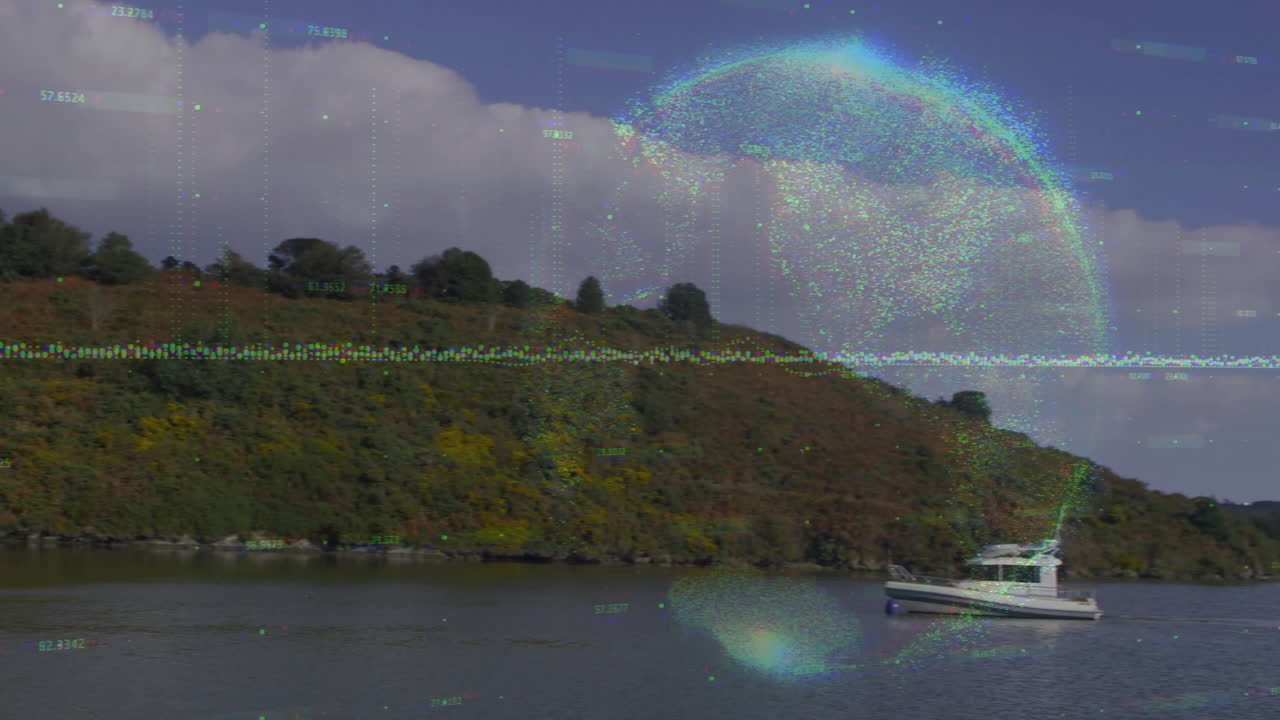 Small white motorboat floating on calm water while glitching data overlay gliding across hillside