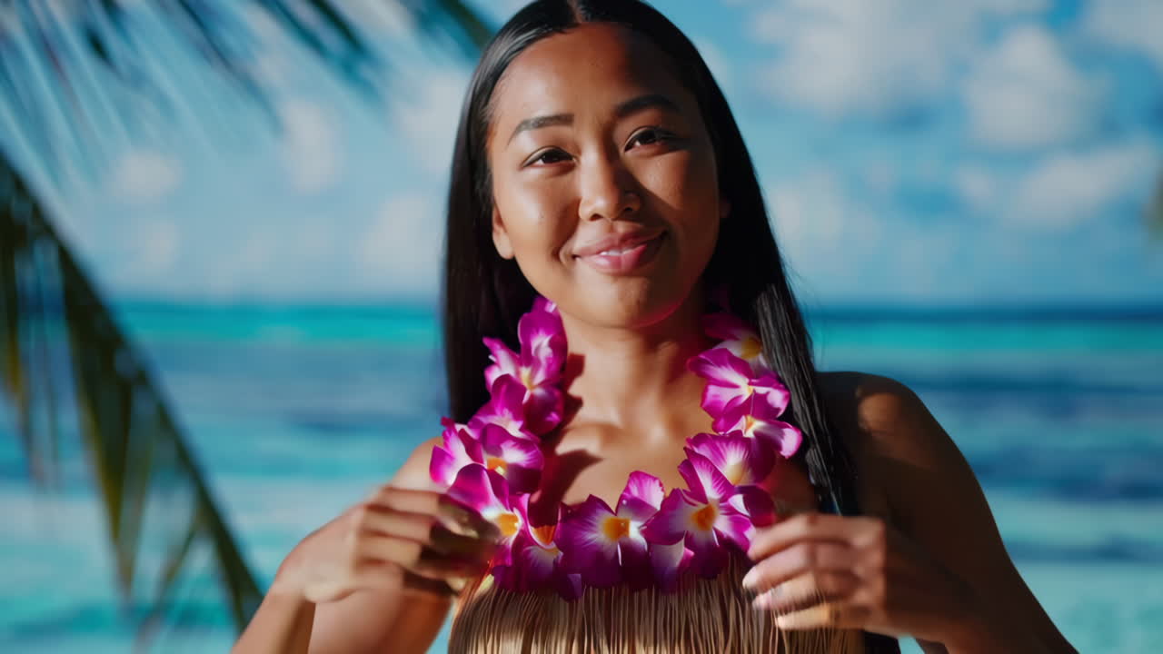 Young Woman in Flower Lei on a Tropical Beach