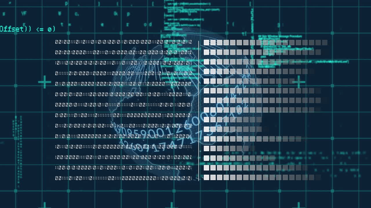 Digital animation of data processing over grid network against spinning globe on blue background