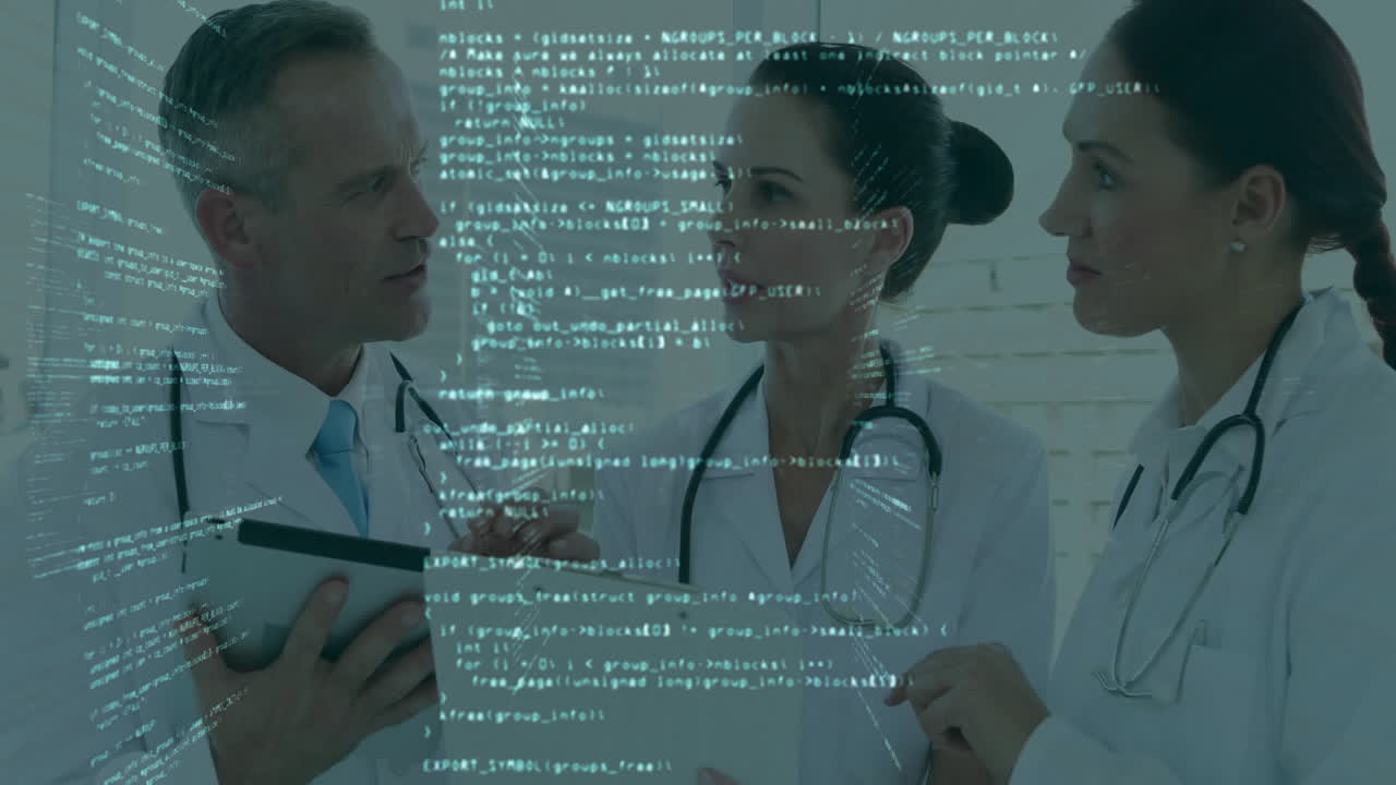 Medical data processing animation while doctors discussing patient care in hospital
