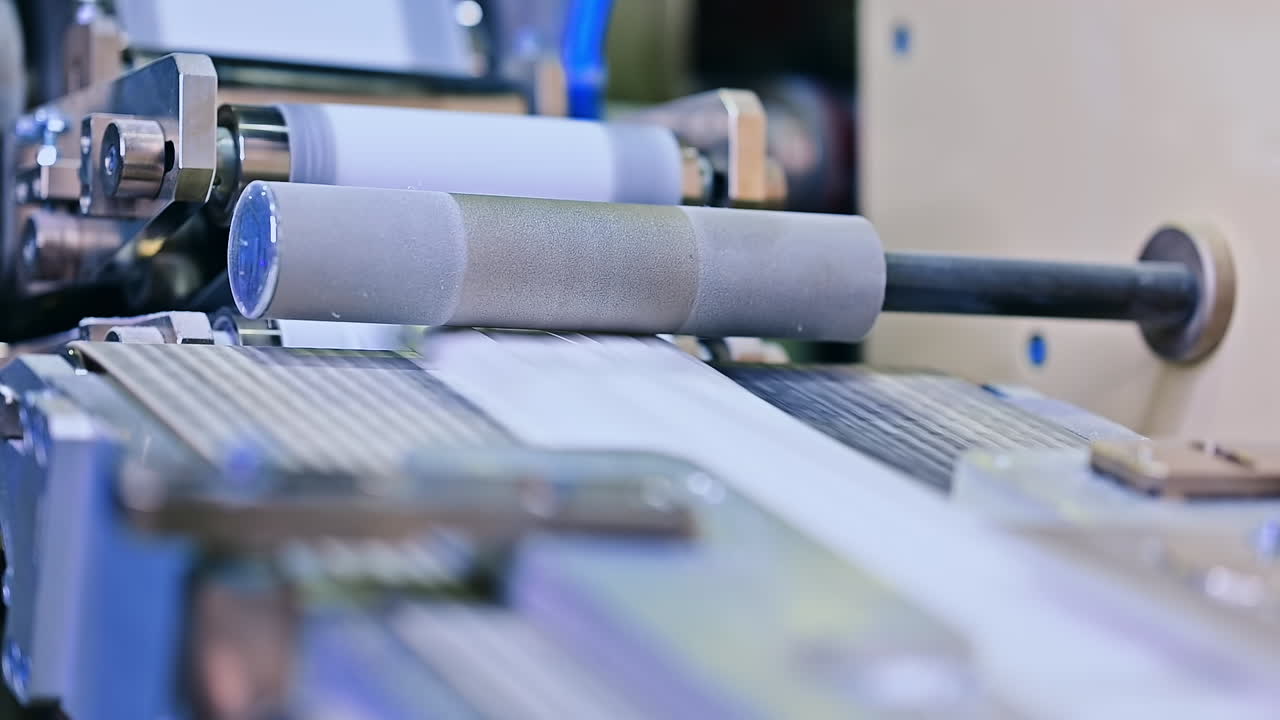 White ribbon passing under the metal roller. Quick conveyor line at the diaper manufacturing factory. Close up.