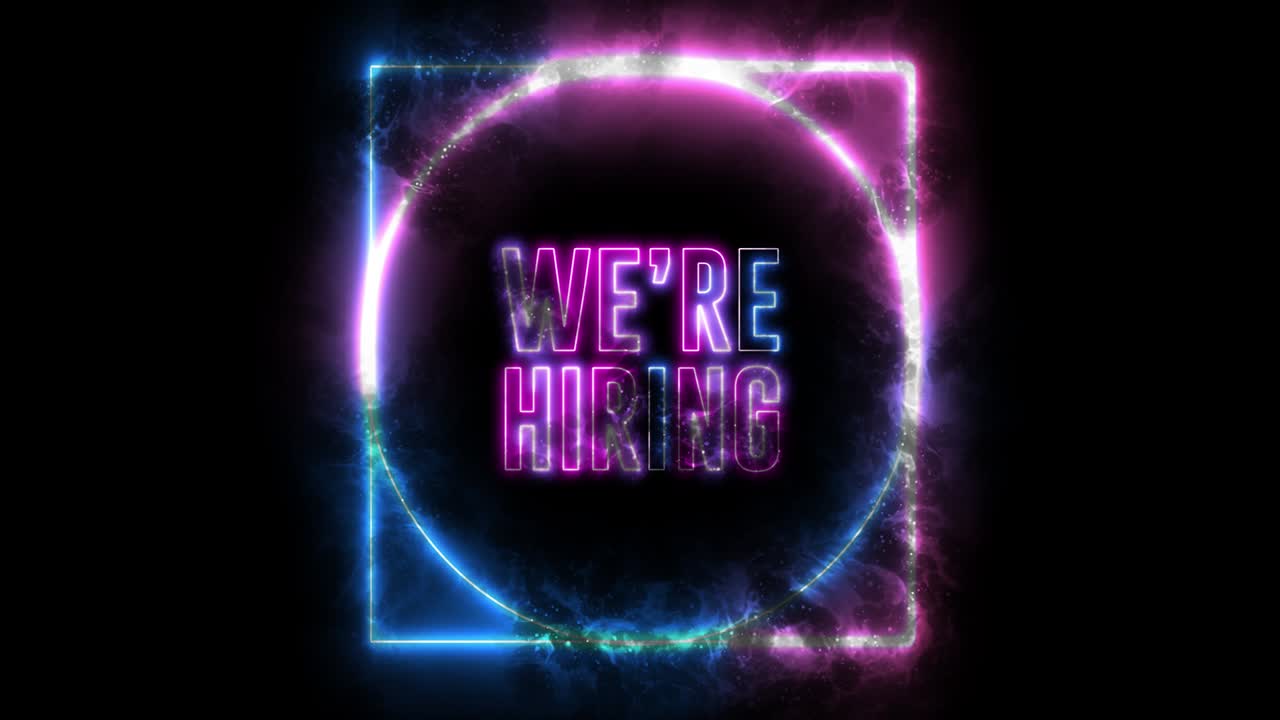 text of "WE'RE HIRING" with neon light loop animation. Abstract creative object in fire, burning smoky.
