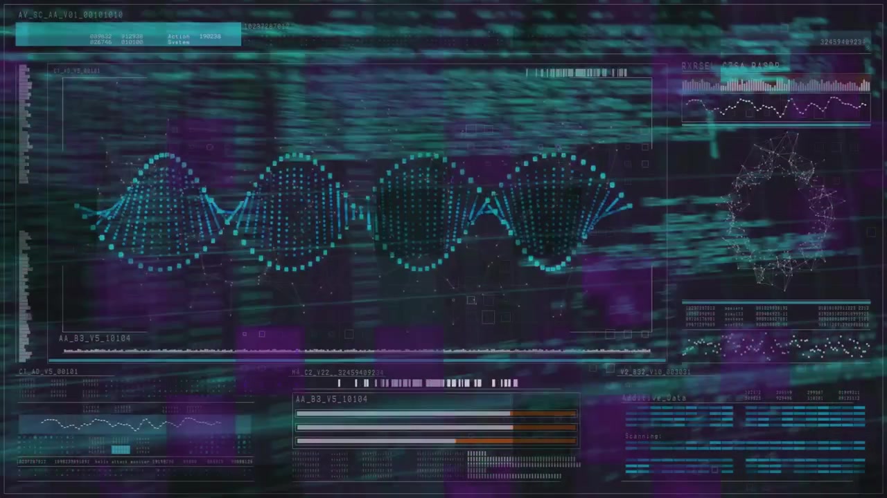 Purple grid initiating teal helix pulsing and glitching while code streams animating data cycle