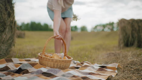 checkered picnic blanket on grassy field as person gently places woven basket filled with baked snacks, soft golden sunlight highlights rural countryside with hay bales in distance