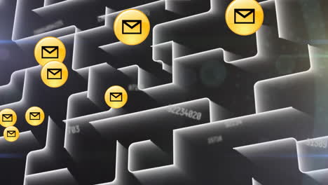 Multiple message icons and changing numbers over abstract 3d shapes on black background