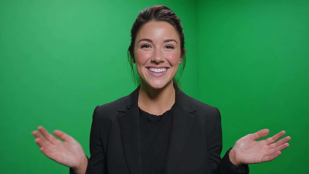 A cheerful woman enthusiastically engages with her audience in a vibrant green studio, showcasing her charisma and warmth throughout the presentation