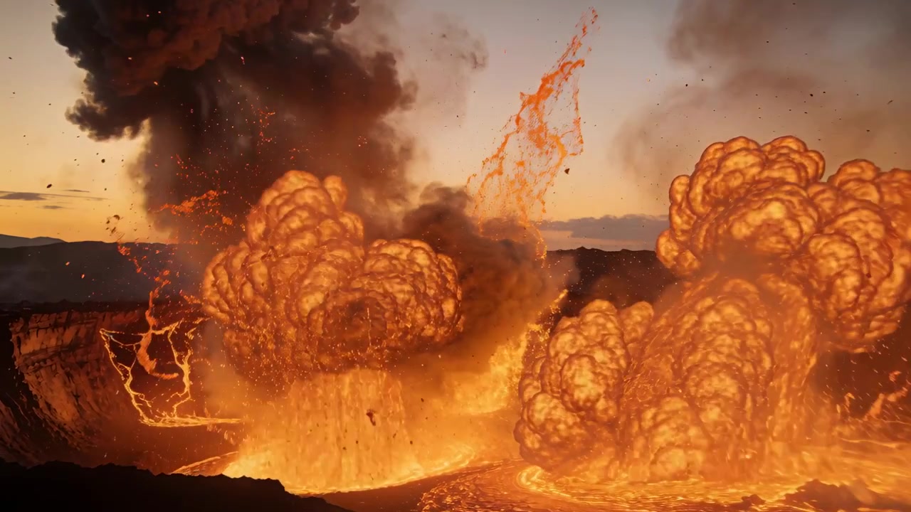 Pulserende magma driver et utbruddskrater, som spyr ut lavfontener og en askesky i skumringen, med glødende lava.