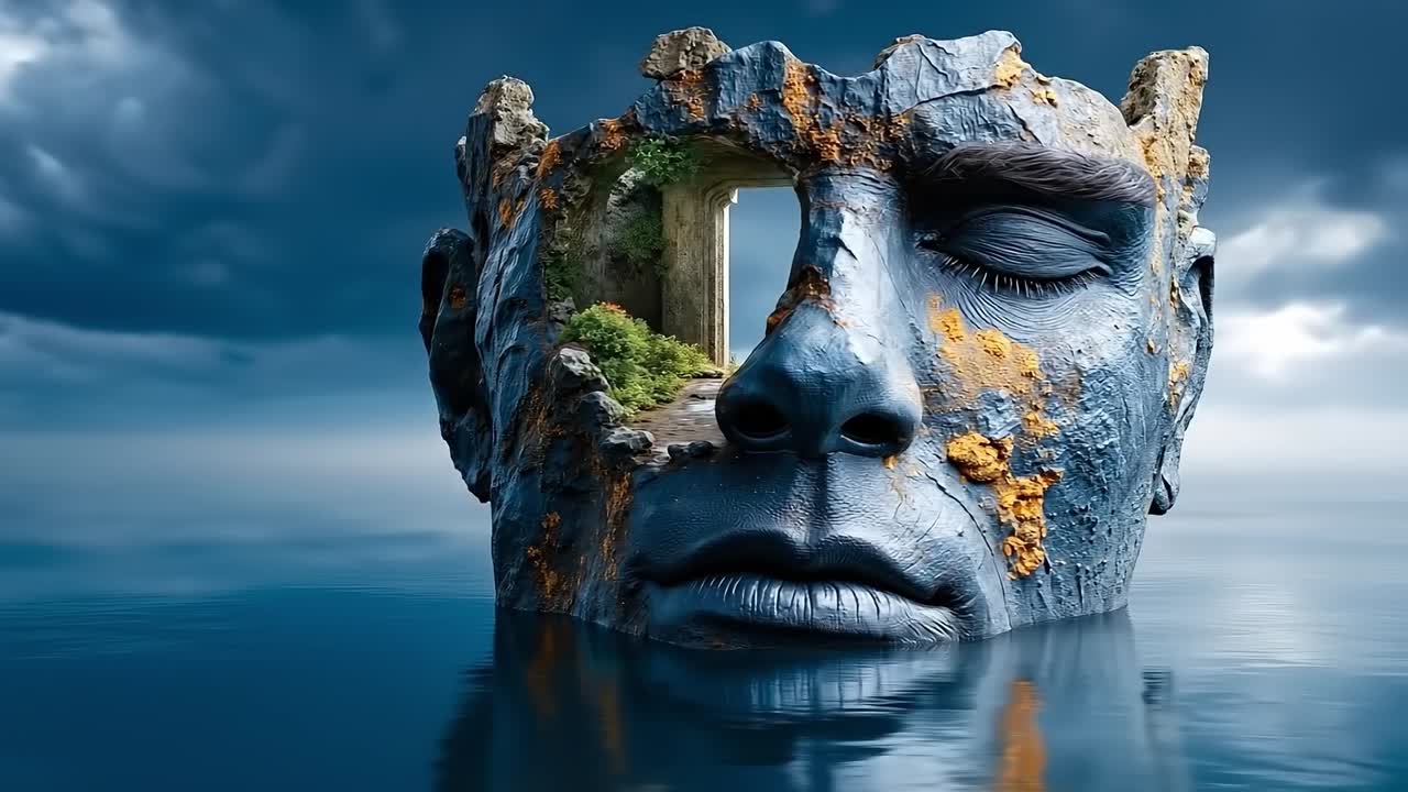 A face in the middle of a body of water with a small island in the background
