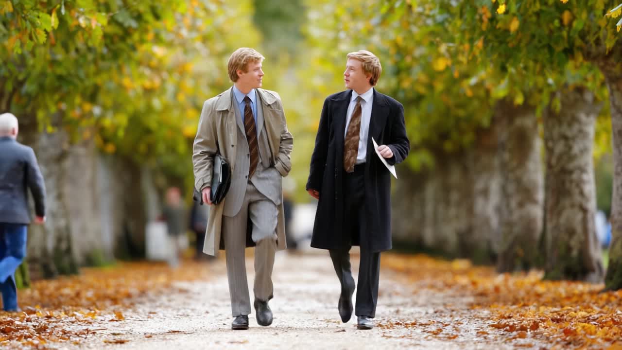 Two Professionals Engaging in Friendly Conversation While Walking Along a Leafy Pathway in Autumn, Surrounded by Lush Trees and Colorful Foliage