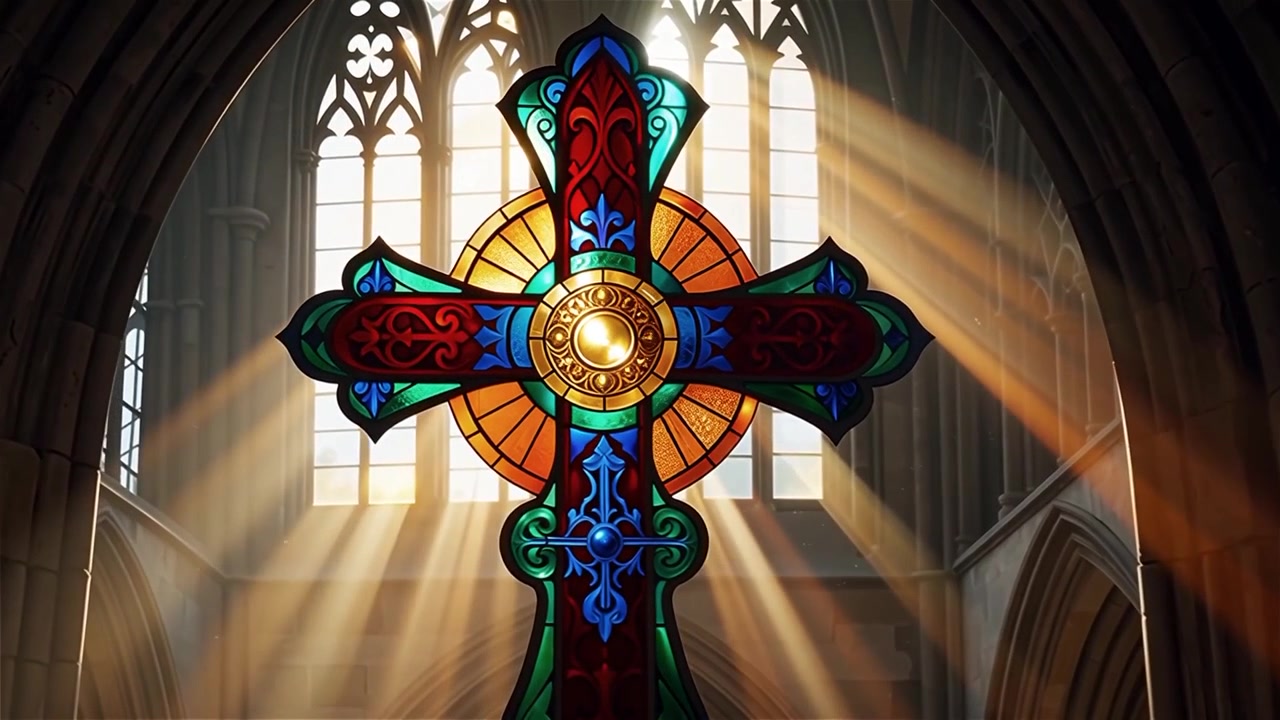 Croce Cristiana Luce Celestiale Sfondo per il Culto.