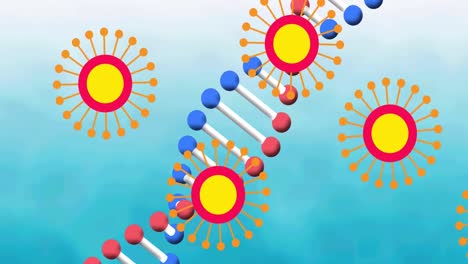 Animation-of-dna-strand-spinning-and-falling-covid-19-cells-over-blue-background