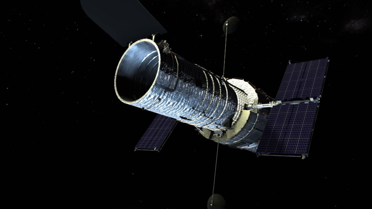 bella y muy realista animación 3d cgi del telescopio espacial hubble girando lentamente en el espacio y revelando dramáticamente el impresionante planeta tierra muy por debajo