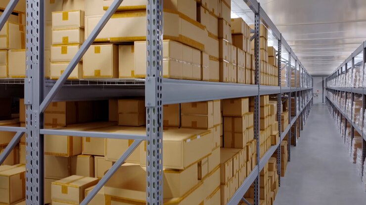 Warehouse Aisle Stacked With Cardboard Boxes, Long Metal Shelving And Repeating Rows Create Strong Perspective
