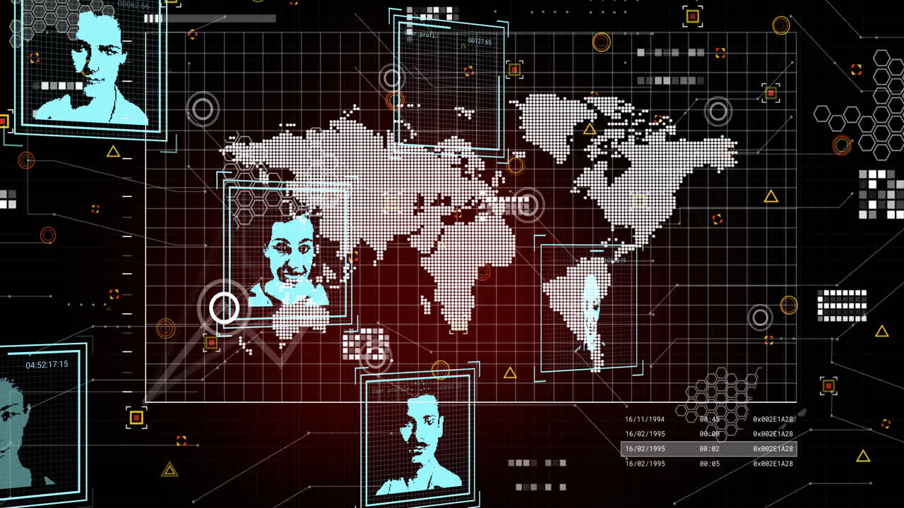 animación de múltiples iconos de perfiles cambiantes sobre un mapa del mundo giratorio contra un fondo rojo