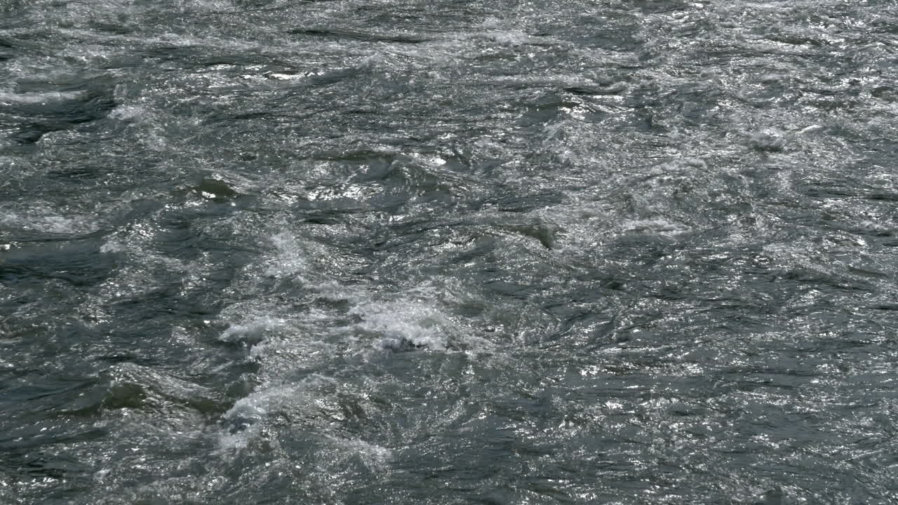 Locked off zoom in on rapid silver flowing river water, 4K60