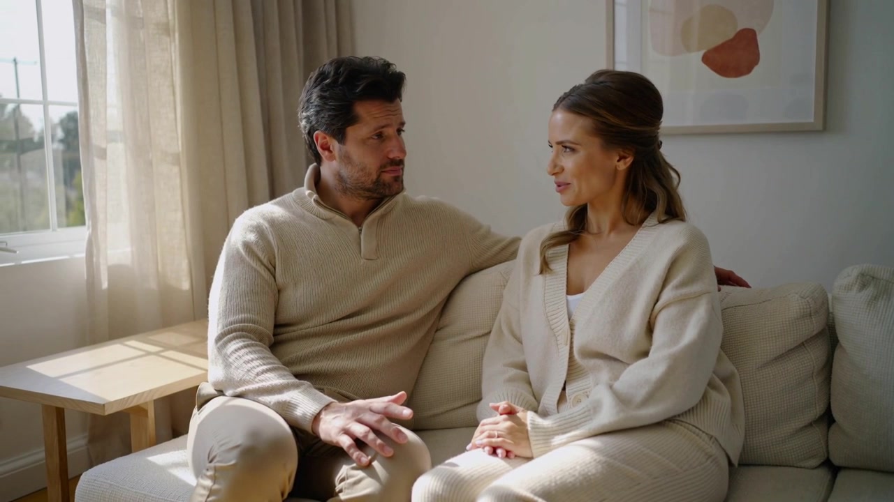 Coppia che conversa tranquillamente dopo che l'uomo ha avviato l'argomento, a casa sul divano, indossando maglioni beige.