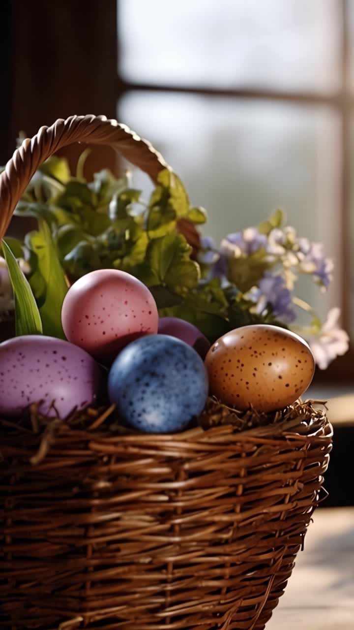 A Beautiful Spring Basket Filled with Colorful Easter Eggs and Fresh Flowers Reflecting Morning Light in a Warm and Inviting Atmosphere