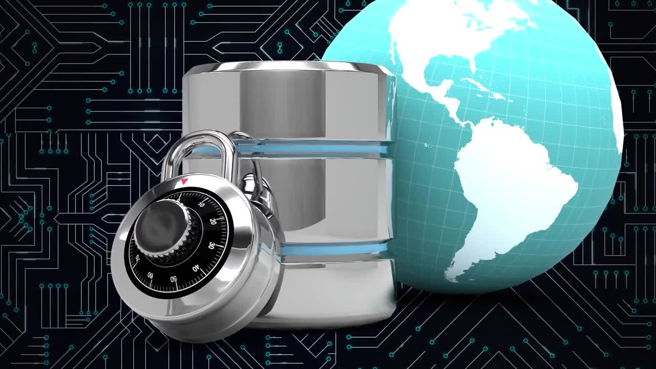 컴퓨터 회로판 위의  ⁇ 락, 실버 서버 및 글로브의 애니메이션