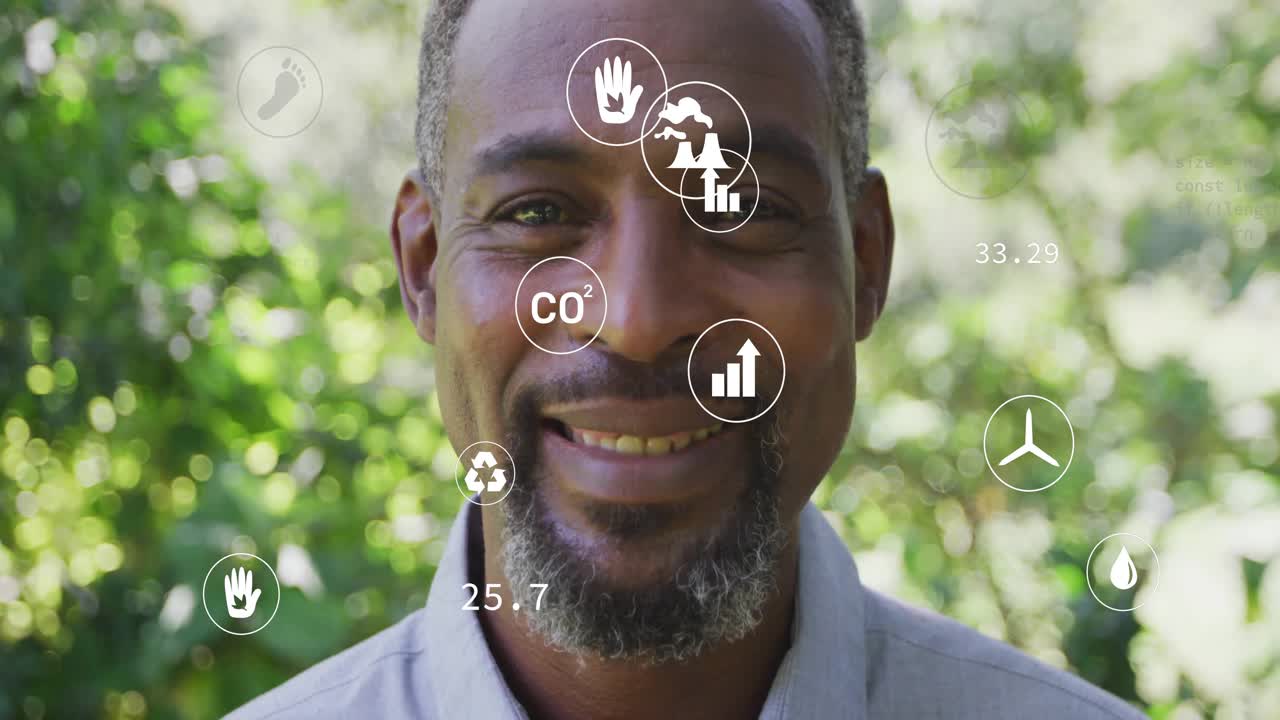 Man standing in foliage initiating eco metrics display with icons appearing and values shifting