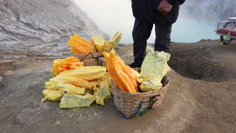 pieces of freshly mined sulfur extracted by hand from ijen crater
