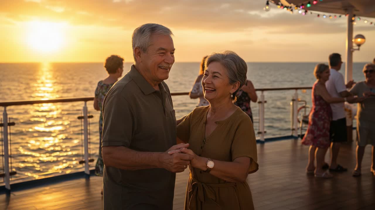 Joyful Moments of Love: An Elderly Couple Dancing Together at Sunset on a Cruise, Embracing the Beauty of Life and Each Other's Company