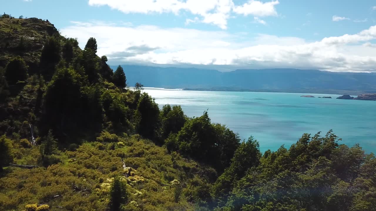 Aerial View of General Carretera Lake and Green Coastline, Patagonia, Chile. Glacial Lake Under Andes Mountains