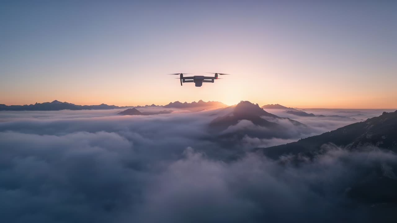 Drone quadricottero piccolo che cattura l'alba sopra lo strato di nuvole all'alba, fotocamera di bordo visibile