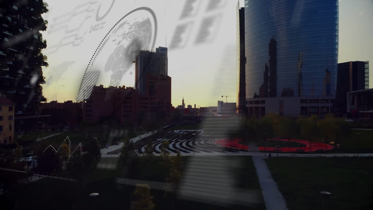 Financial data processing animation over urban park with modern buildings